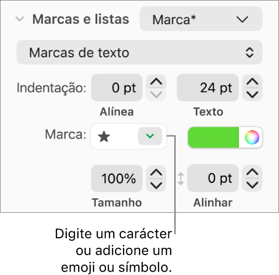A secção “Marcas e listas” da barra lateral "Formatação”. O campo "Marca” a mostrar um emoji de uma estrela.