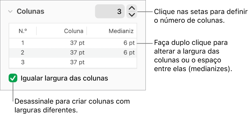 Os controlos na secção colunas para alterar o número de colunas e a largura de cada coluna.