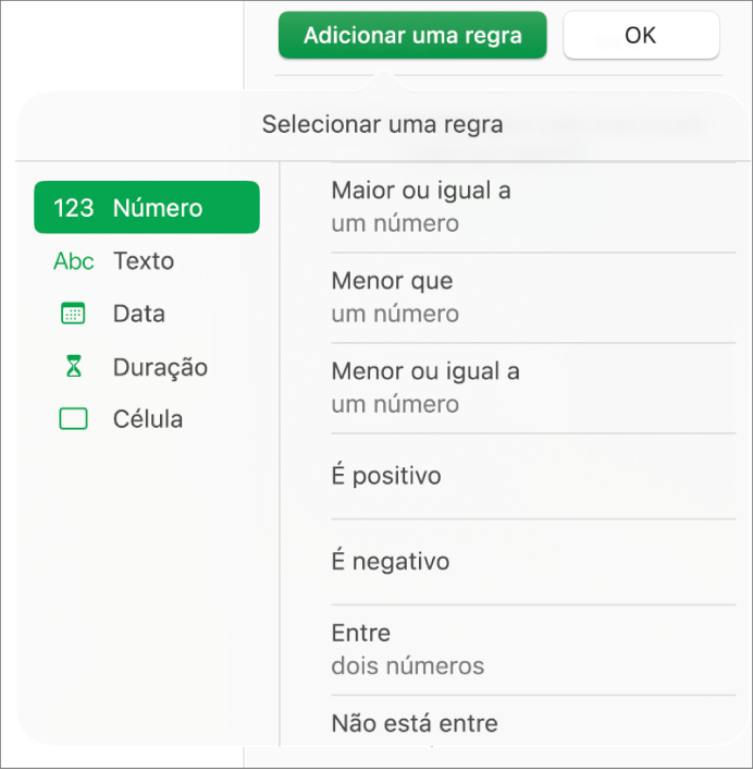 Tipos de regras de destaque de célula.