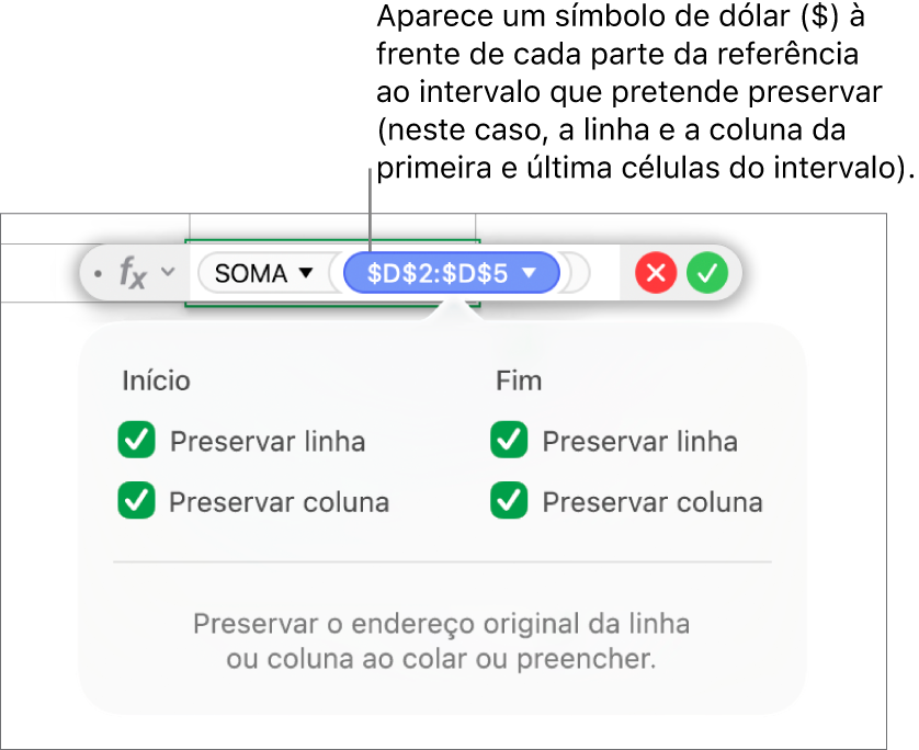 Fórmula com referências a linhas e colunas preservadas.