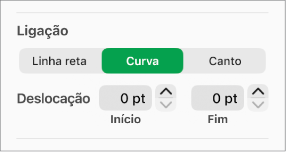 Os controlos de “Ligação” com “Curva” selecionada.