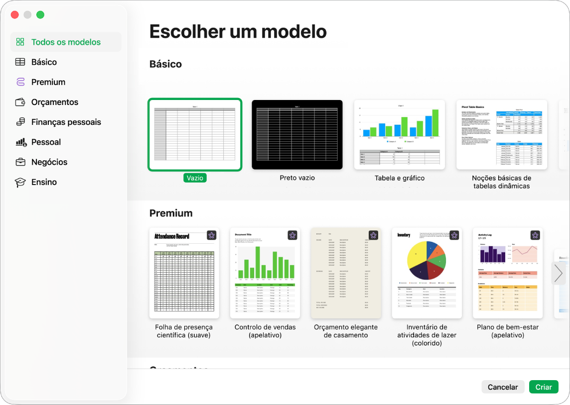 A janela do Numbers a mostrar o menu “Partilhar”, com opções para enviar uma cópia da folha de cálculo, ou para exportar ou enviar noutro formato.