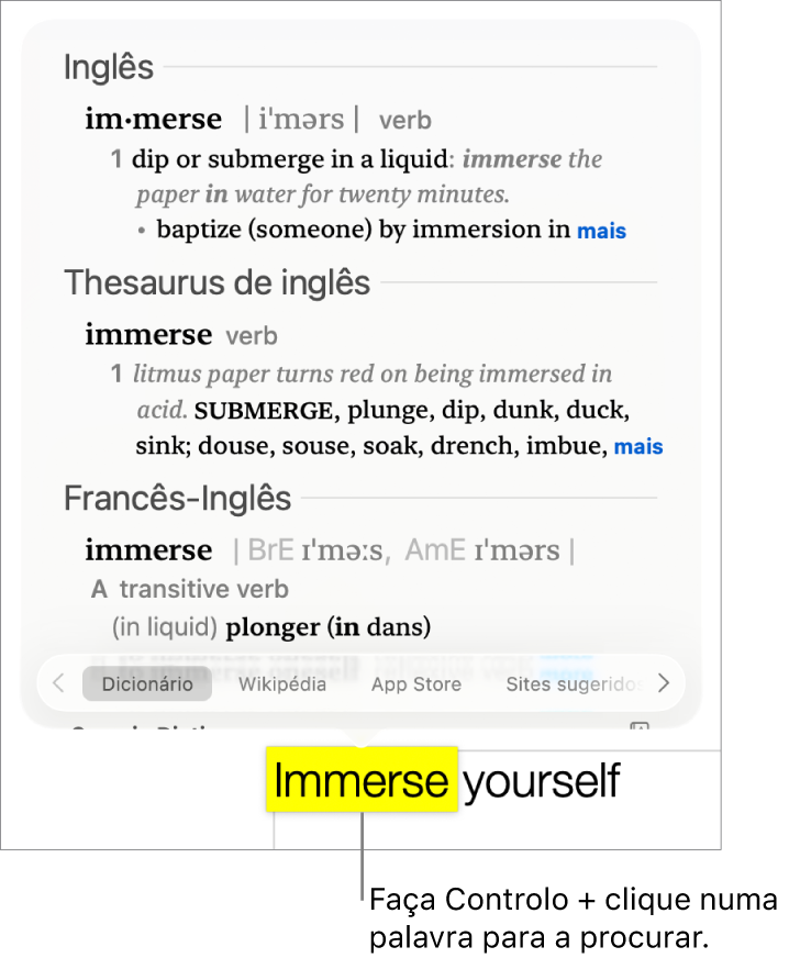 Texto com uma palavra realçada e uma janela a mostrar a respetiva definição e uma entrada do dicionário de sinónimos. Os três botões na parte inferior da janela fornecem hiperligações para o dicionário, a Wikipédia e os sites sugeridos por Siri.