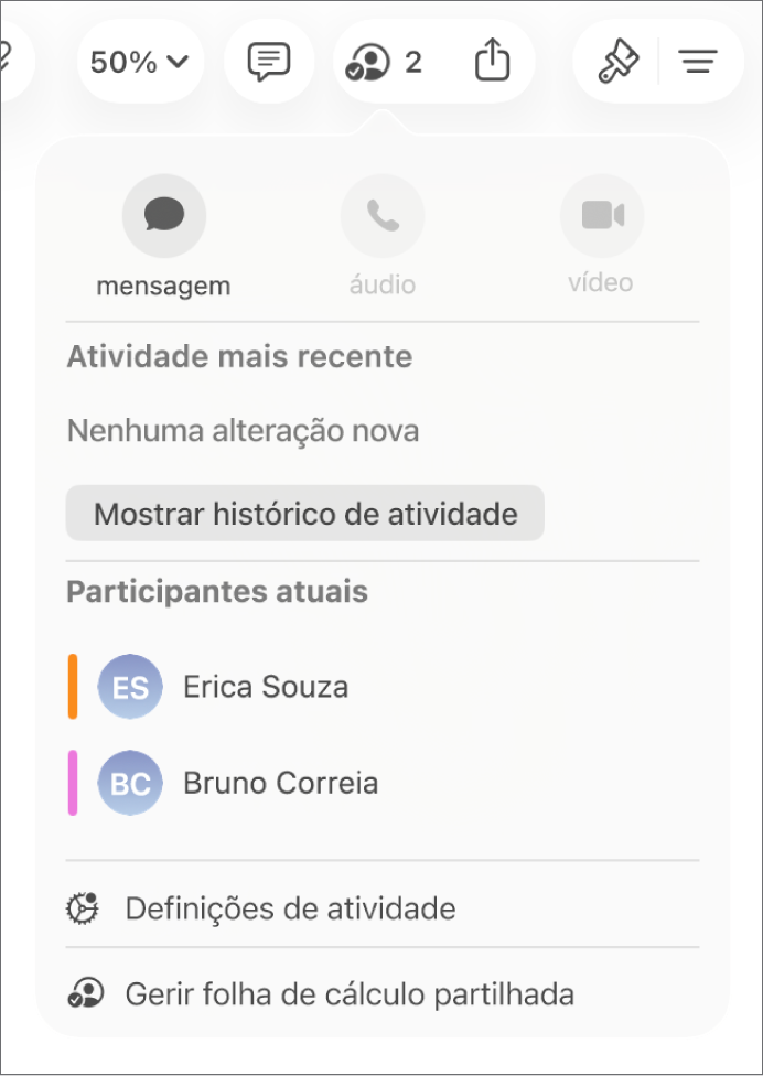 O menu de colaboração a apresentar os nomes das pessoas que estão a colaborar na folha de cálculo.