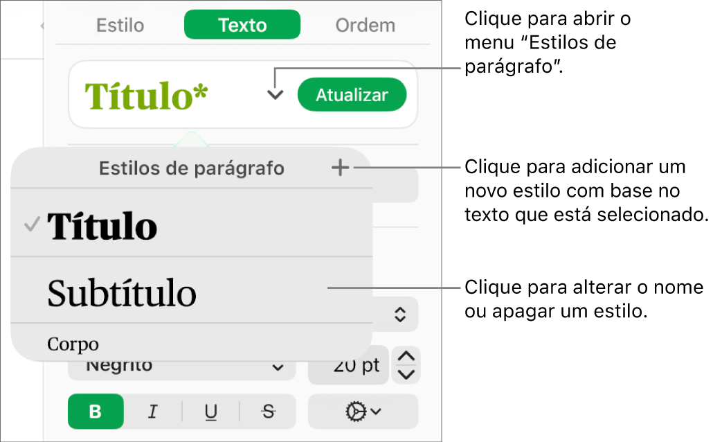 O menu “Estilos de parágrafo”, mostrando os controlos para adicionar ou alterar um estilo.