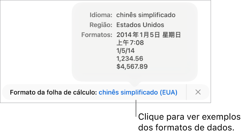 A notificação da definição diferente do idioma e região, apresentando exemplos da formatação nesse idioma e região.