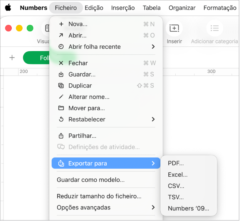 O menu "Ficheiro” aberto com a opção “Exportar para” selecionada e o respetivo submenu a mostrar opções de exportação para PDF, Excel e CSV.