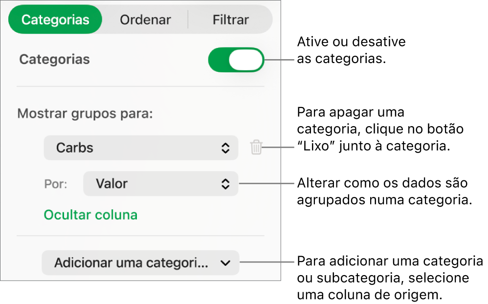 A barra lateral das categorias com opções para desativar as categorias, apagar categorias, reagrupar dados, ocultar uma coluna de origem e adicionar categorias.