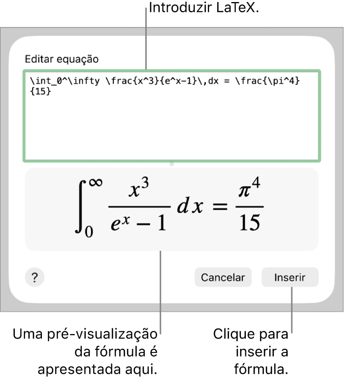 A fórmula quadrática escrita com recurso a LaTeX no campo da Equação e uma pré-visualização da equação em baixo.