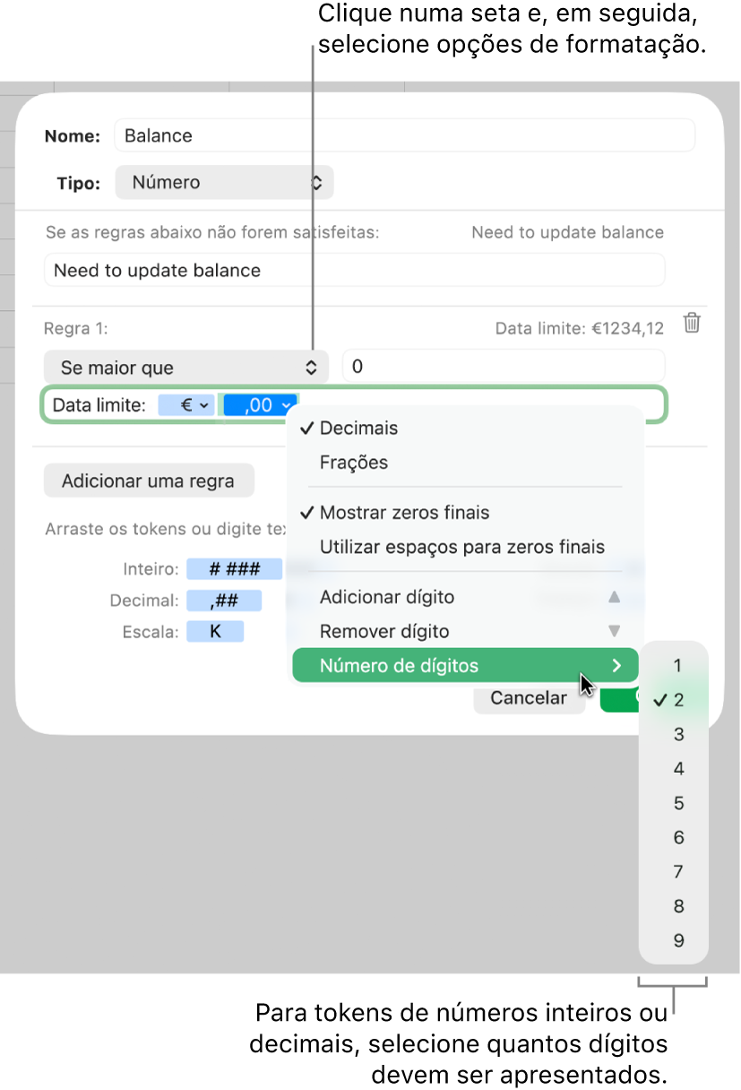 Janela de formato de célula personalizado com controlos para escolher opções de formatação personalizadas.