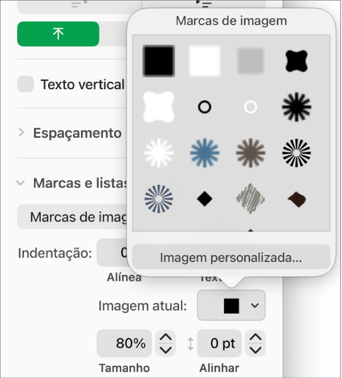 Menu pop-up “Marcas de imagem”.