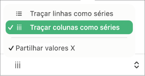 O menu pop-up para escolher traçar linhas ou colunas como série.