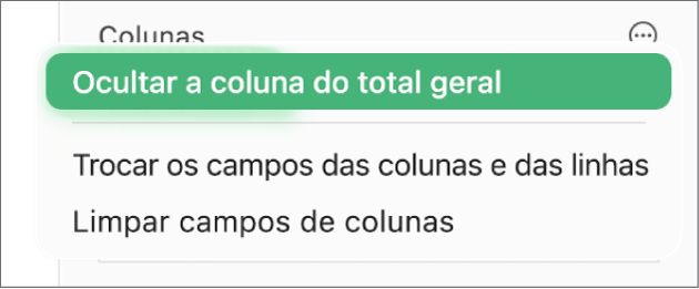 O menu "Mais opções do campo”, a mostrar os controlos que permitem ocultar os totais gerais, trocar os campos das colunas e das linhas e limpar campos.