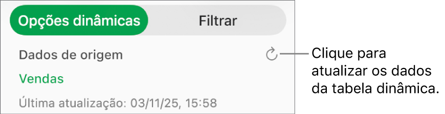 O separador "Opções dinâmicas” a mostrar a opção de atualizar a tabela dinâmica.