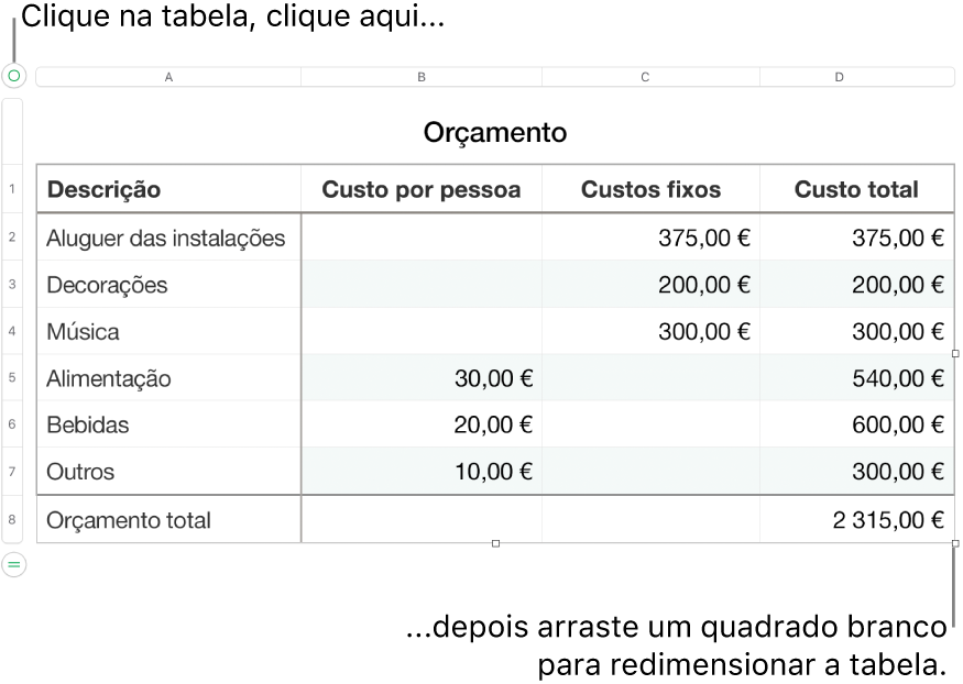 Uma tabela selecionada, com os quadrados brancos para redimensionamento.
