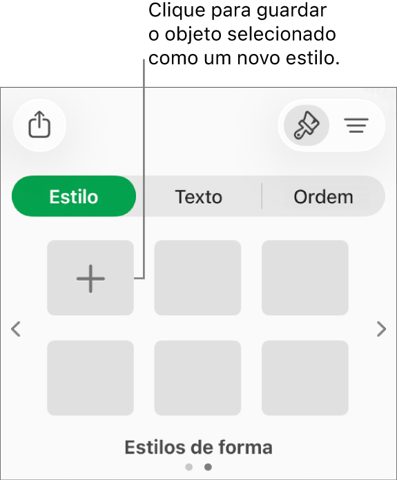 O separador “Estilo” da barra lateral “Formatação” com quatro estilos de imagem, um botão "Criar estilo” e um marcador de posição de estilo vazio.