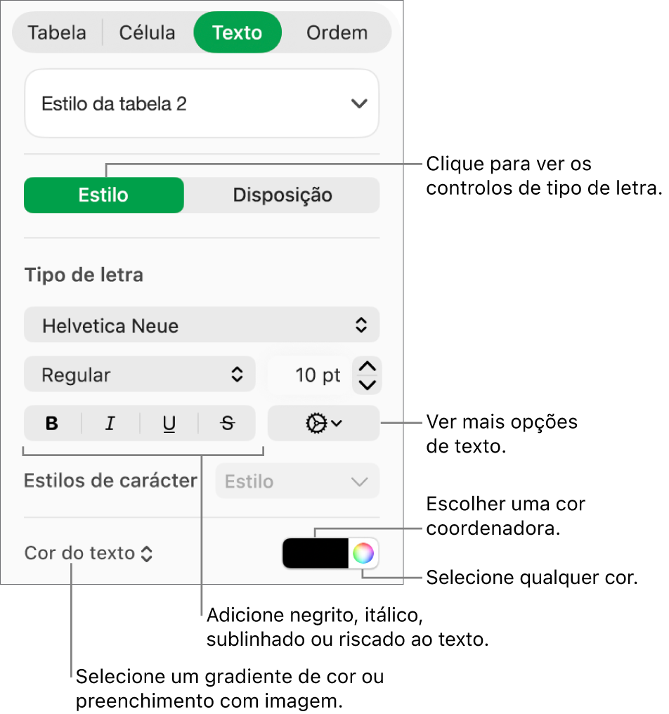 Os controlos para o estilo do texto de uma tabela.