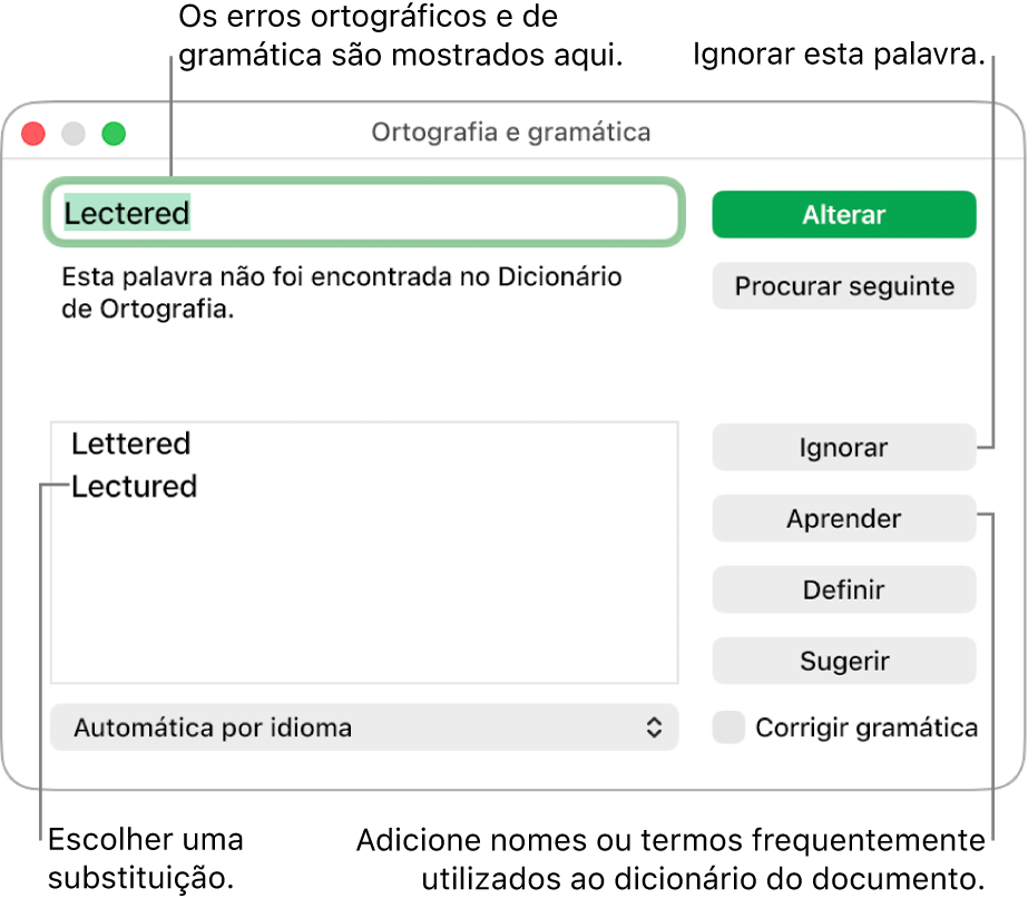 A janela “Ortografia e gramática”.