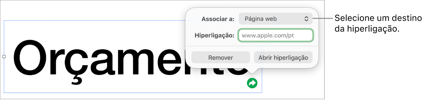 Os controlos do editor de hiperligações com a página web selecionada e os botões "Remover hiperligação” e “Abrir hiperligação” na parte inferior.
