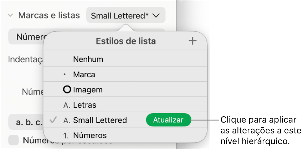 O menu pop-up “Estilos de lista” com um botão “Atualizar” junto ao nome do novo estilo.