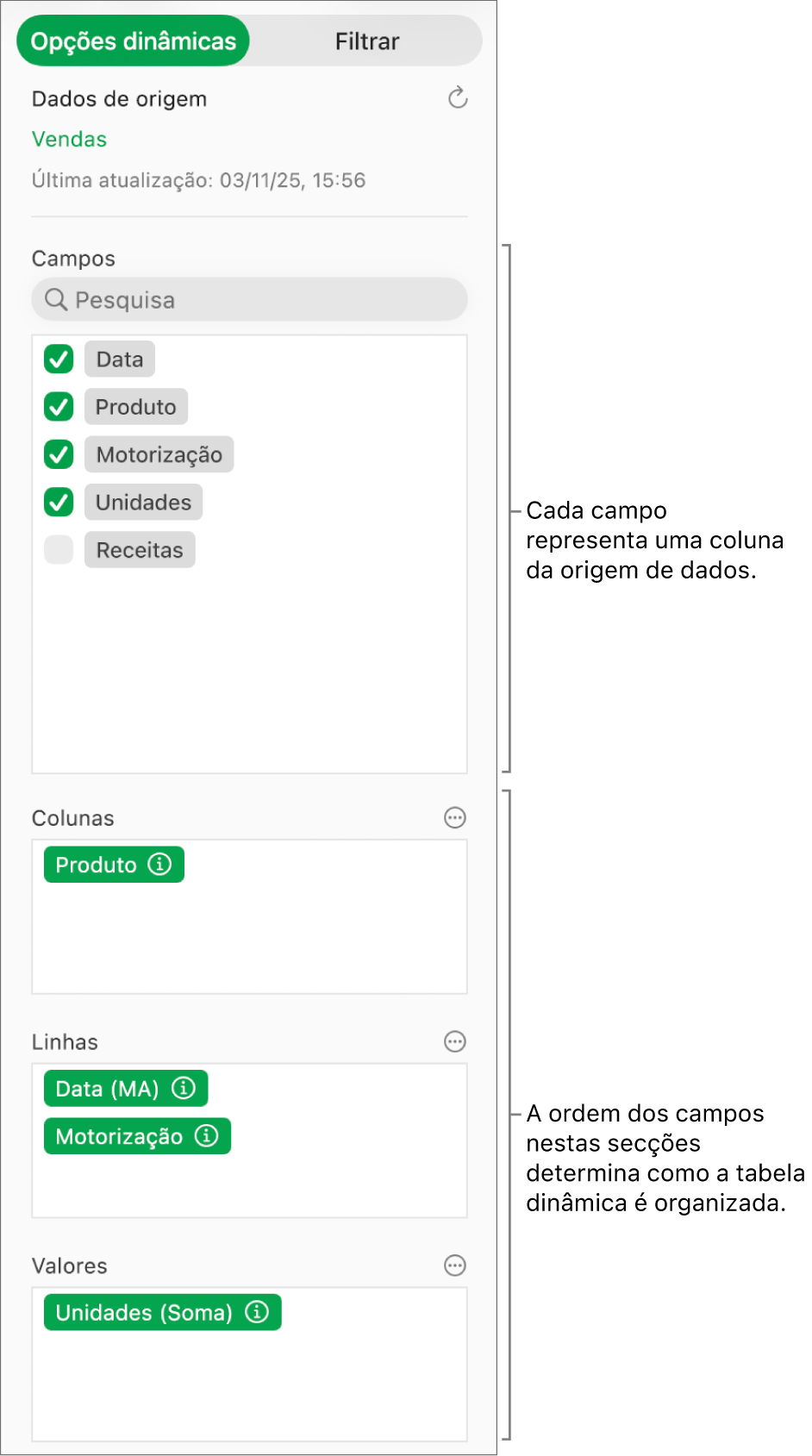 O menu "Opções dinâmicas” a mostrar campos nas secções “Colunas”, “Linhas” e “Valores”, bem como os controlos para editar os campos e atualizar a tabela dinâmica.