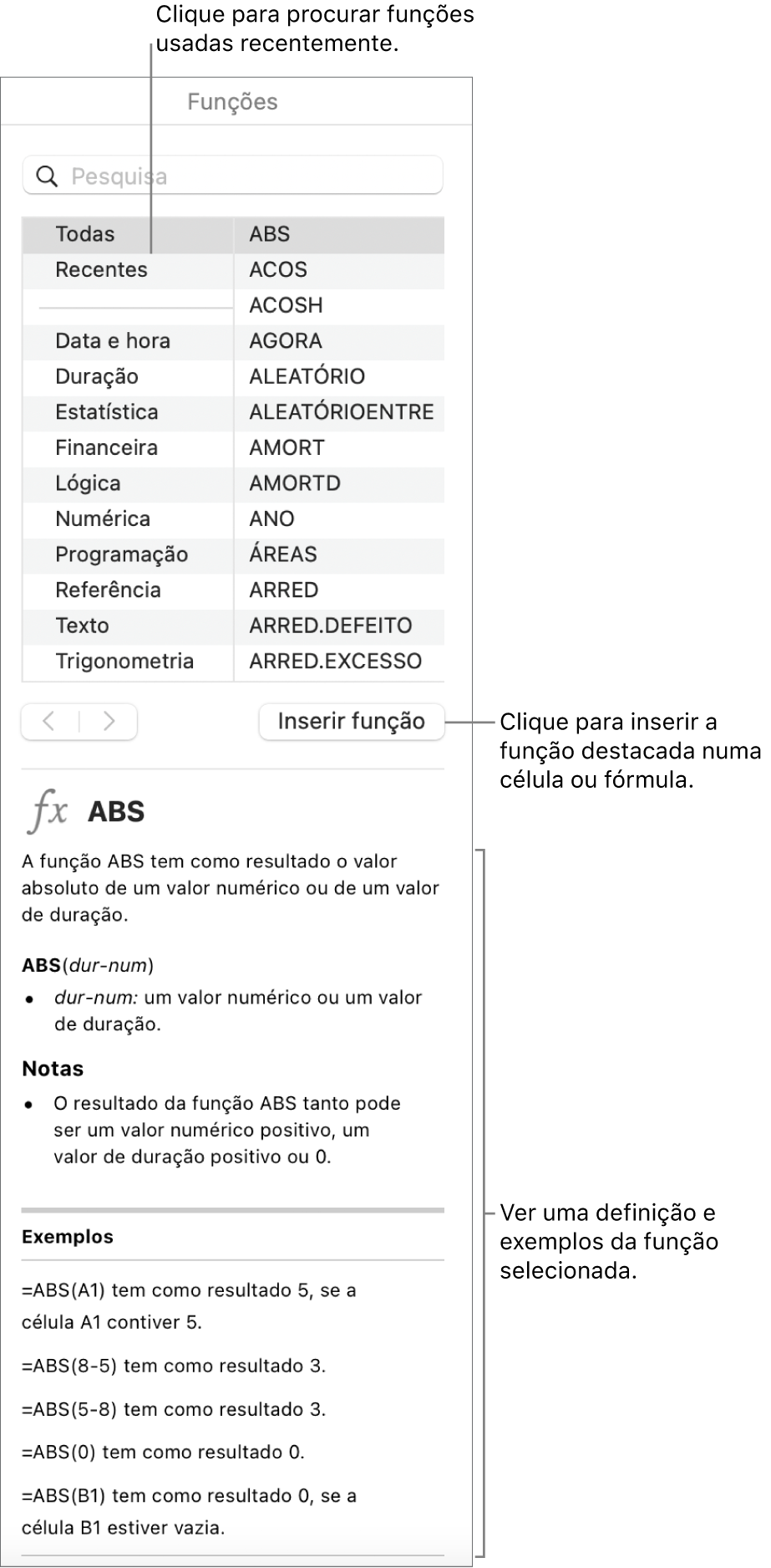 O navegador de funções com chamadas para as funções usadas recentemente, o botão “Inserir função” e a definição da função.