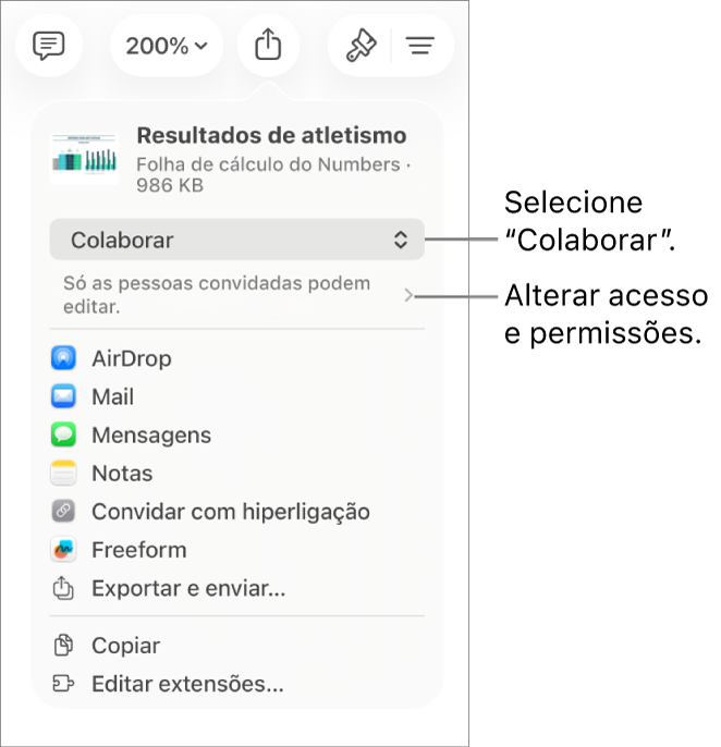 O menu "Partilha” com “Colaboração” selecionada na parte superior e as definições de acesso e permissão por baixo.