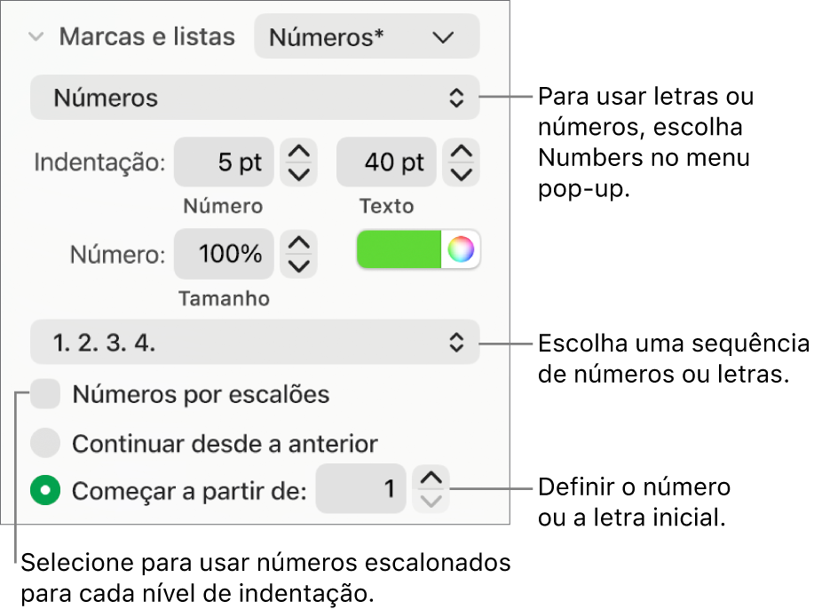 Controlos para alterar o estilo de número e o espaçamento de uma lista.