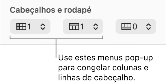 Os menus pop-up para adicionar colunas e linhas de cabeçalho e rodapé a uma tabela e para proteger linhas e colunas de cabeçalho.