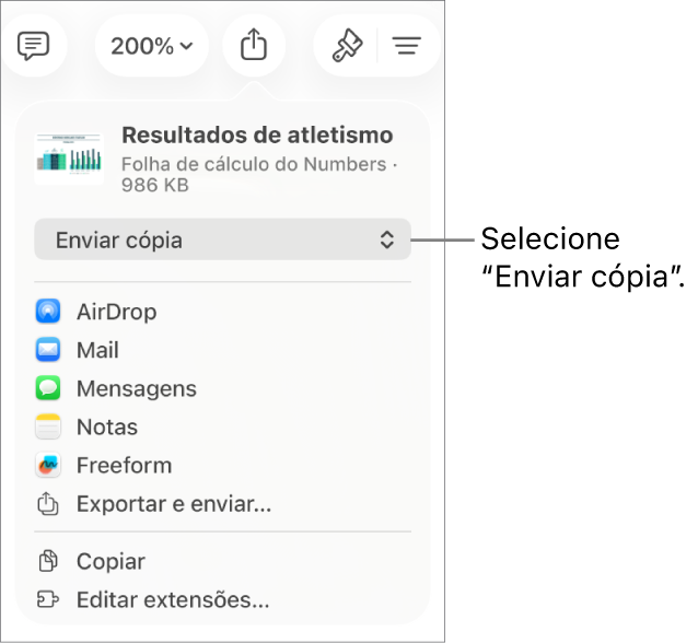 O menu “Partilhar” com “Enviar cópia” selecionada na parte superior.