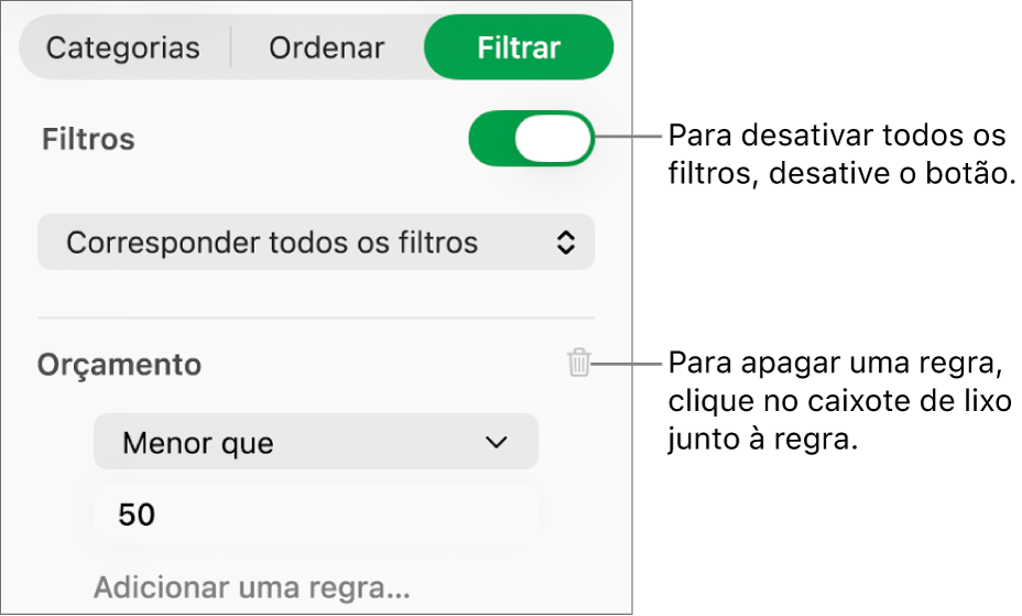 Controlo para apagar um filtro ou desativar todos os filtros.