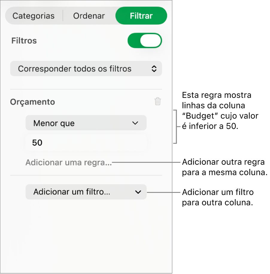 Controlos para criar regras de filtragem.