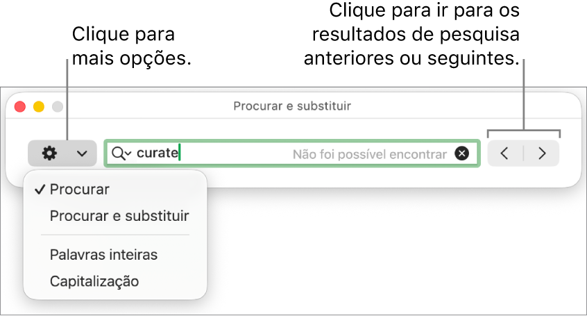 A janela “Procurar e substituir” com o menu pop-up a mostrar as opções “Procurar”, “Procurar e substituir”, “Palavras inteiras” e “Capitalização”. As setas à direita permitem ir para os resultados de pesquisa anteriores ou seguintes.