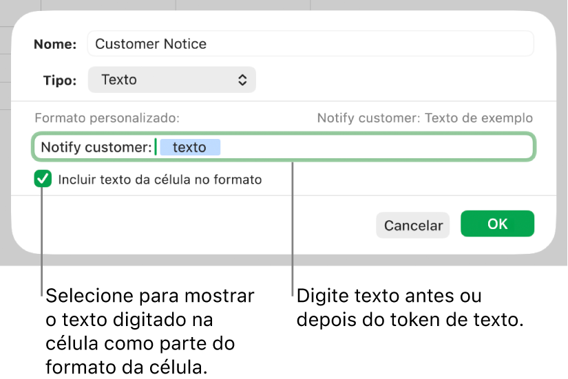 Formato de célula de texto personalizada.