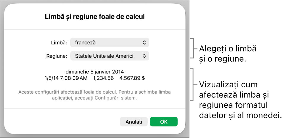 Panoul Limbă și regiune, cu comenzile pentru limbă și regiune și un exemplu de format, inclusiv data, ora, zecimale și valuta.