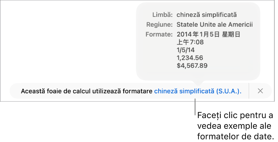Notificarea privind configurarea limbii și regiunii diferite, afișând exemple de formatare în limba și regiunea respectivă.