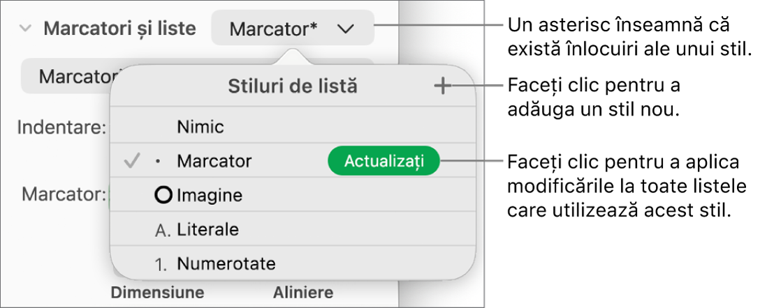 Meniul pop-up Stiluri de listă cu un asterisc care indică o suprareglare, explicații pentru butonul „Stil nou”, precum și un submeniu cu opțiuni pentru gestionarea stilurilor.