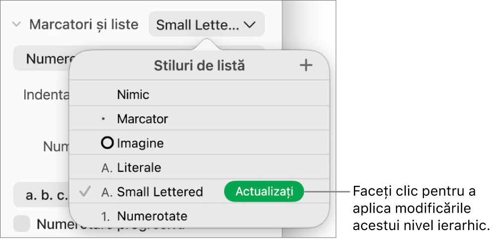 Meniul pop-up Stiluri de listă, cu un buton Actualizează lângă numele noului stil.