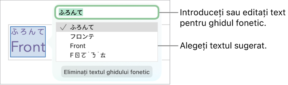 Se va deschide ghidul fonetic pentru un cuvânt, cu explicații pentru câmpul text și textul sugerat.