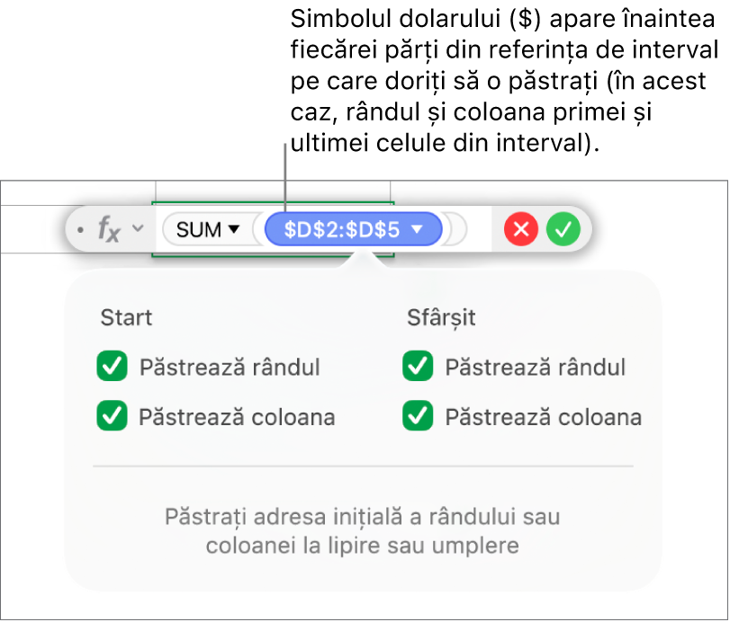 Formulă care afișează referințele păstrate la rând și coloană.