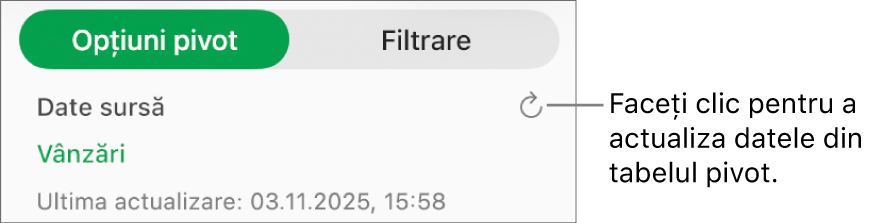 Fila Opțiuni pivot afișând opțiunea de reîmprospătare a tabelului pivot.