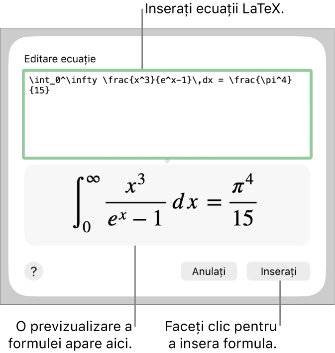 Formula cuadratică scrisă utilizând LaTeX în câmpul Ecuație și o previzualizare a formulei dedesubt.