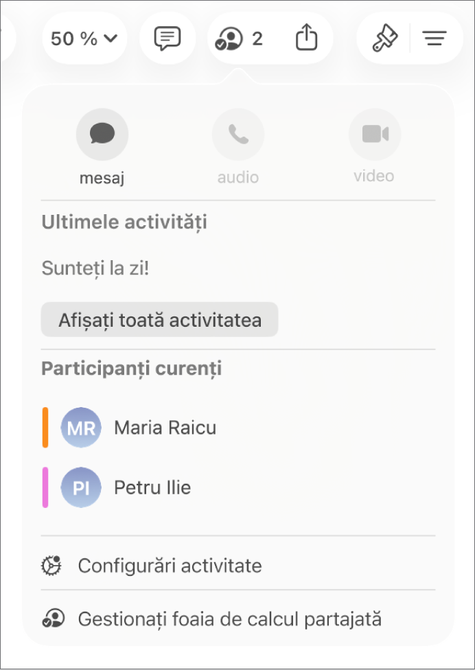 Meniul de colaborare afișând numele persoanelor care colaborează la foaia de calcul.
