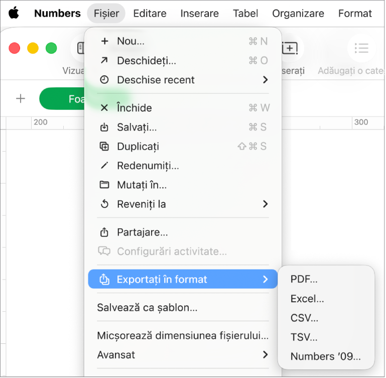 Meniul Fișier deschis cu opțiunea „Exportați în” selectată, cu submeniul său afișând opțiuni de export precum PDF, Excel și CSV.