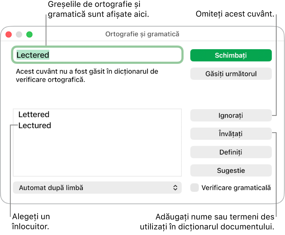 Fereastra Ortografie și gramatică.
