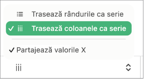 Meniul pop-up pentru a alege dacă rândurile sau coloanele vor fi trasate ca serii.