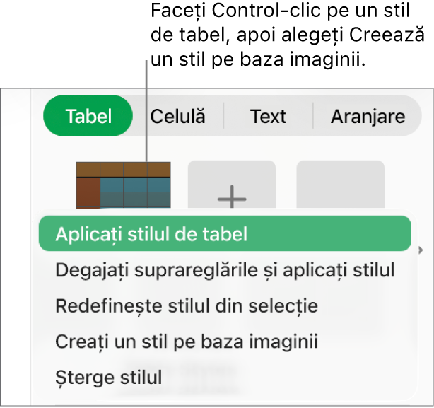 Meniul de scurtături al stilului de tabel.