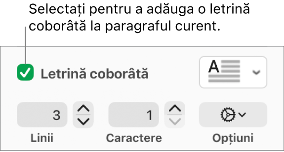 Caseta de validare Letrină coborâtă este selectată și un meniu pop-up apare în dreapta acesteia; comenzile pentru configurarea înălțimii liniei, a numărului de caractere și alte opțiuni apar sub aceasta.