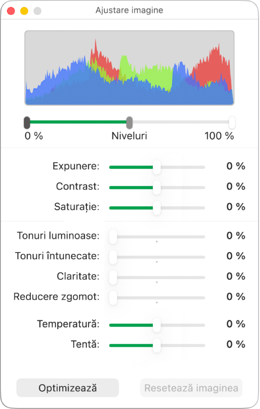 Fereastra Ajustare imagine cu glisoare pentru configurarea expunerii, contrastului, saturației, tonurilor luminoase și întunecate, clarității, reducerii zgomotului, temperaturii și nuanței.