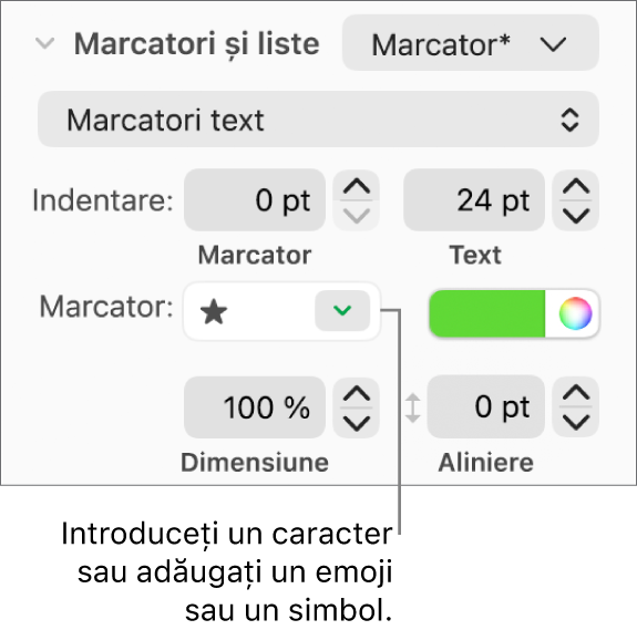 Secțiunea Marcatori și liste din bara laterală Format. Câmpul Marcatori afișează un emoji stea.